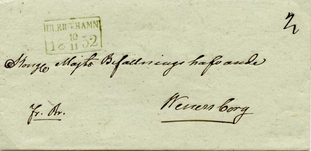 Fribrev med Ulricehamns gröna fyrkantstämpel till Vänersborg 1852